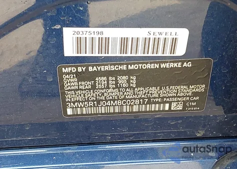 2021 BMW 330I z USA, uszkodzony, nr VIN 3MW5R1J04M8C02817